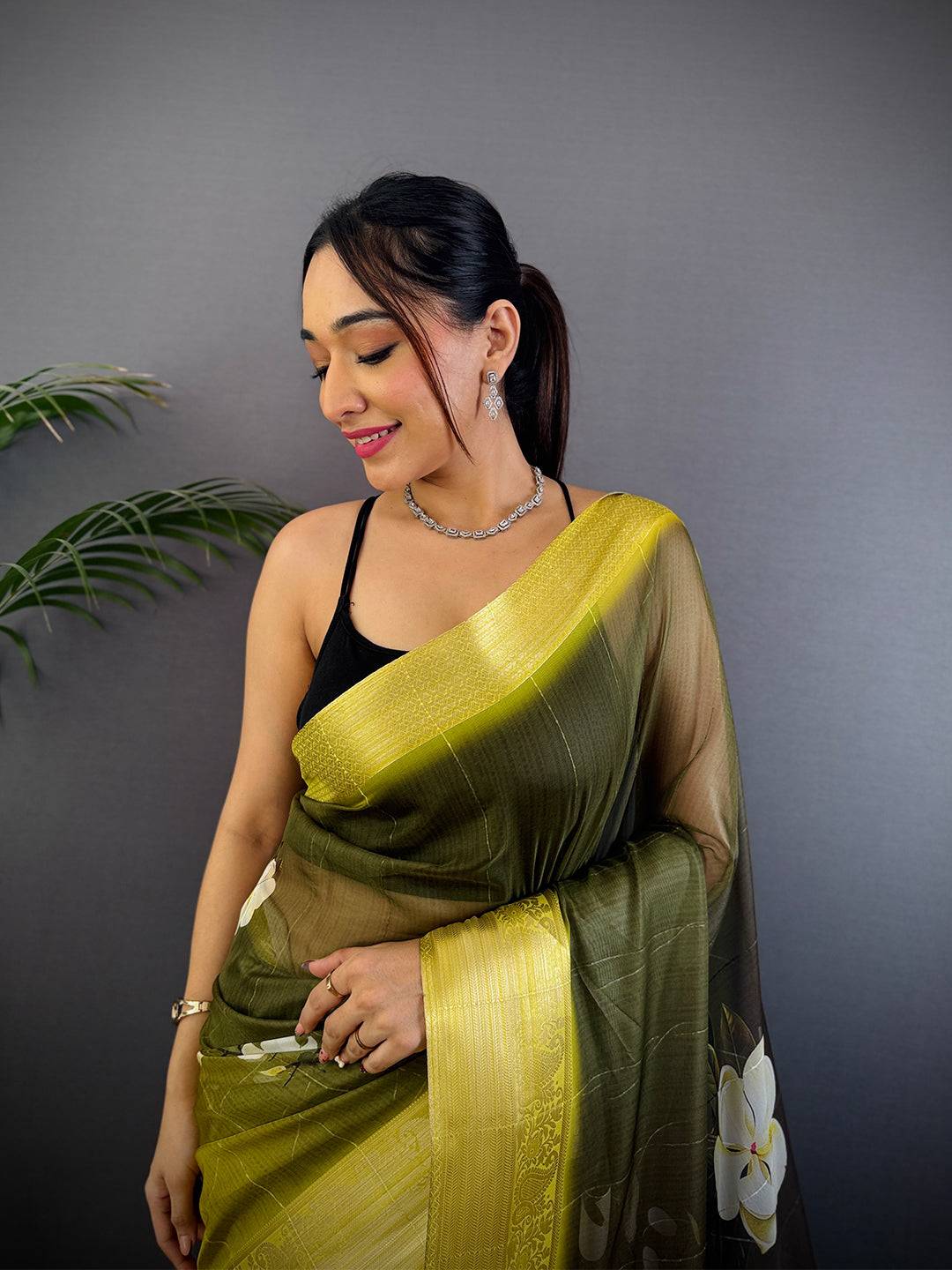Olive Green Soft Organza Digital Print Saree
