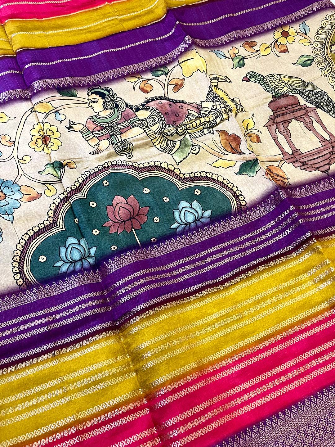 Radiance Soft Silk Kalamkari Zari Stripe Saree