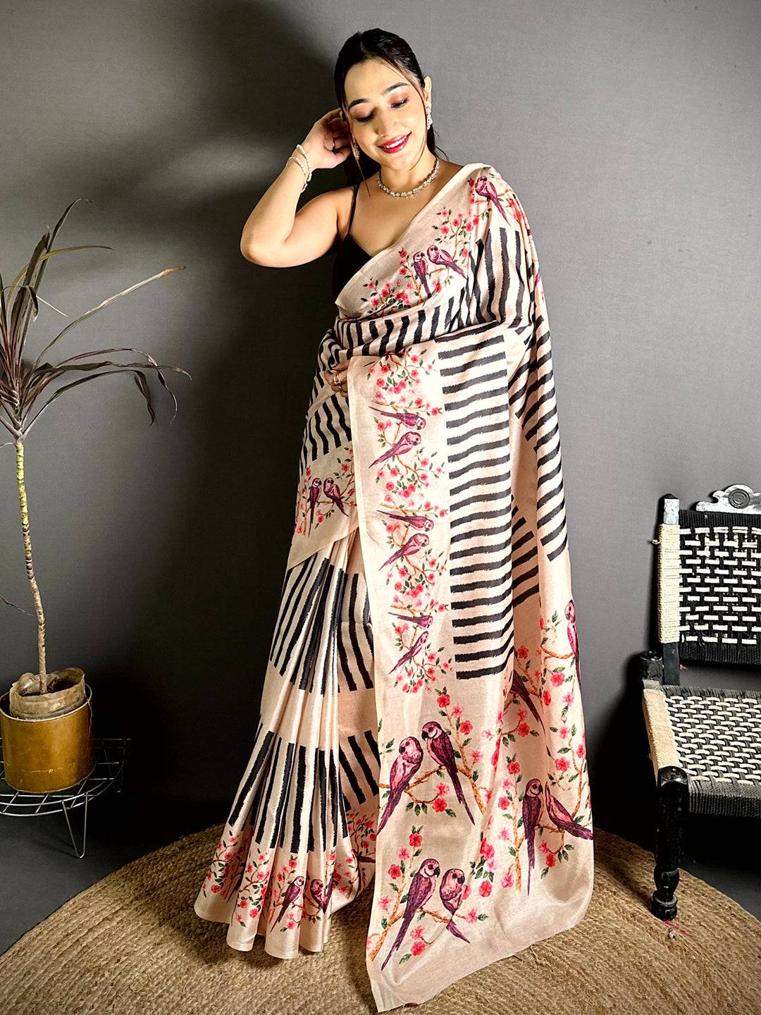 Celebrity Striped Kalamkari Tussar Saree