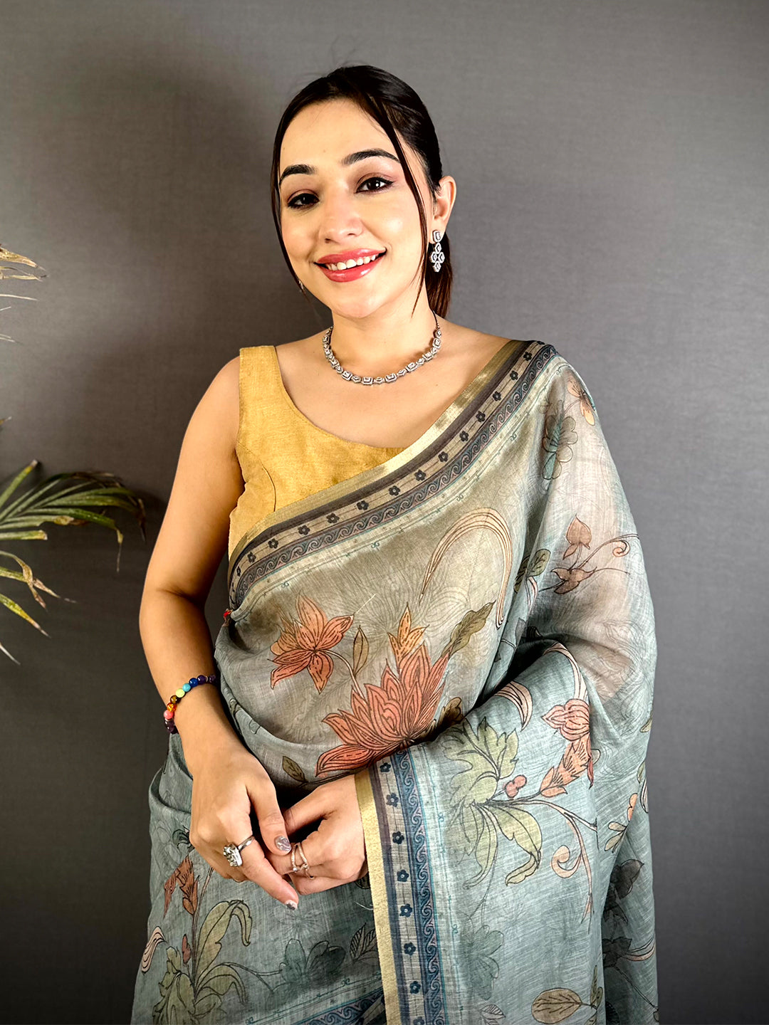 Regal Dark Floral Linen Saree