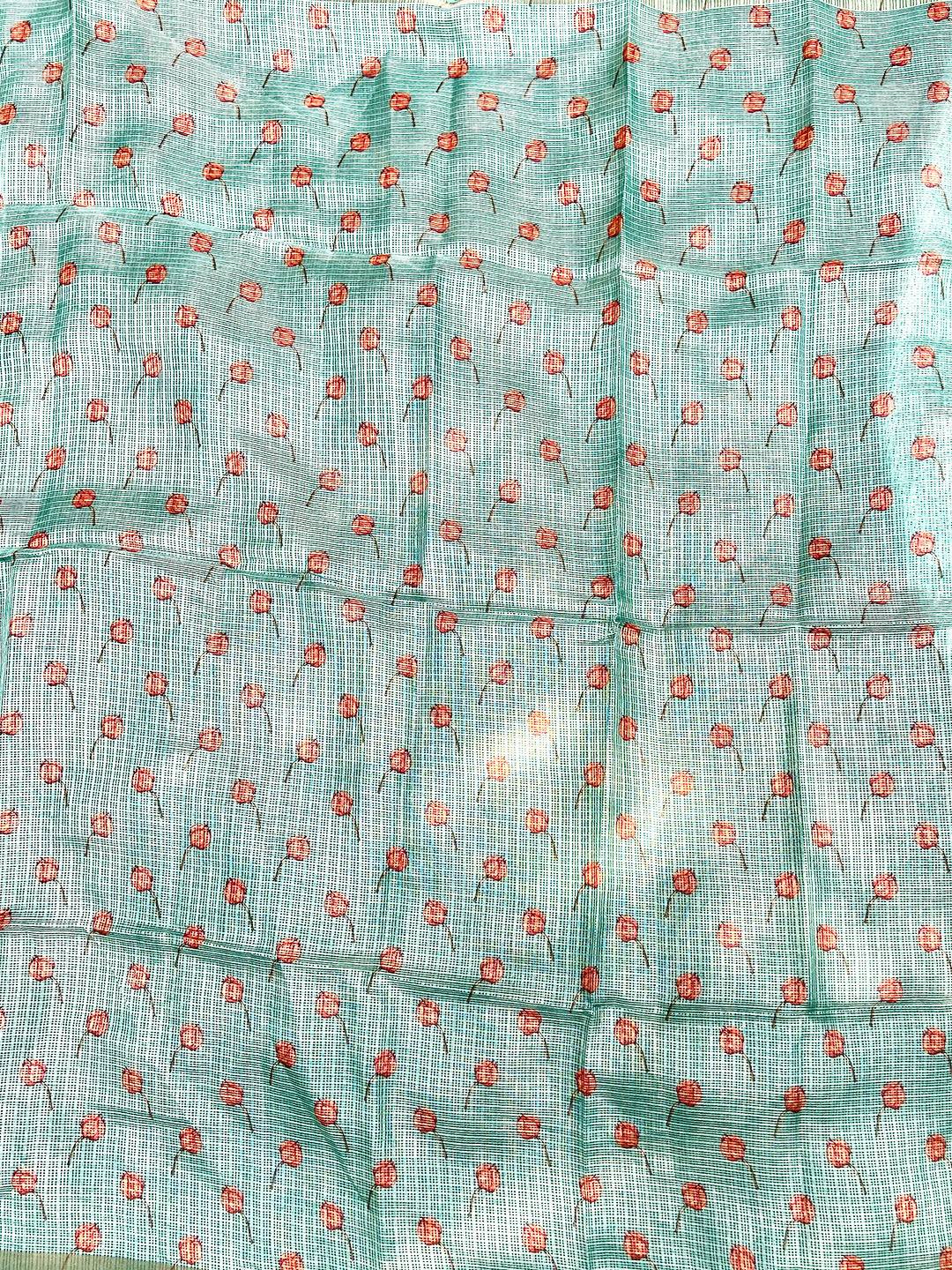 Turquoise Soft Kota Doriya Silk Saree With Flower Print