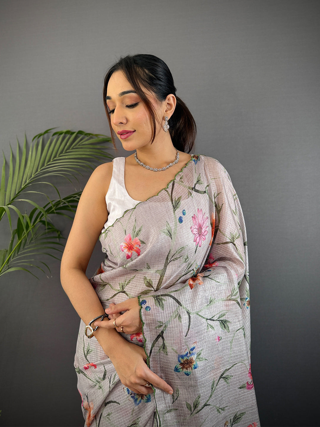 Light Grey Soft Kota Floral Print Saree