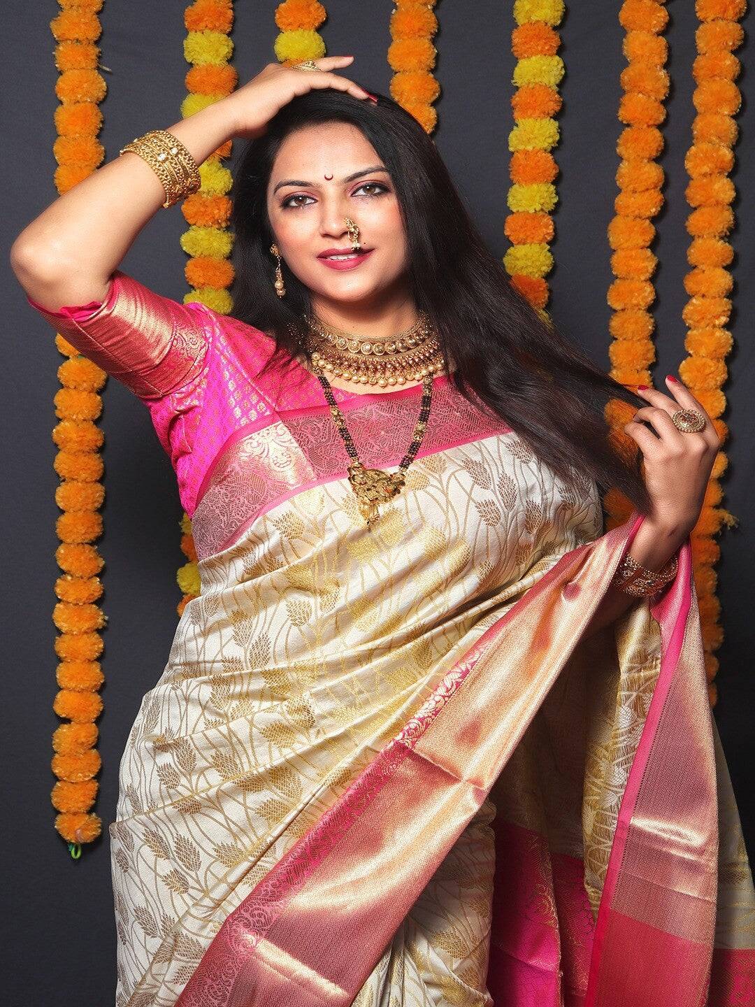 White Kanjivaram Silk Golden Zari Weaving Saree