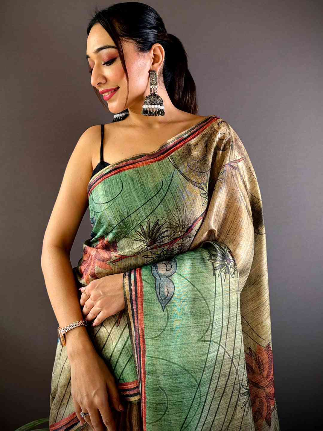 Green Tissue Chanderi Floral Abstract Saree