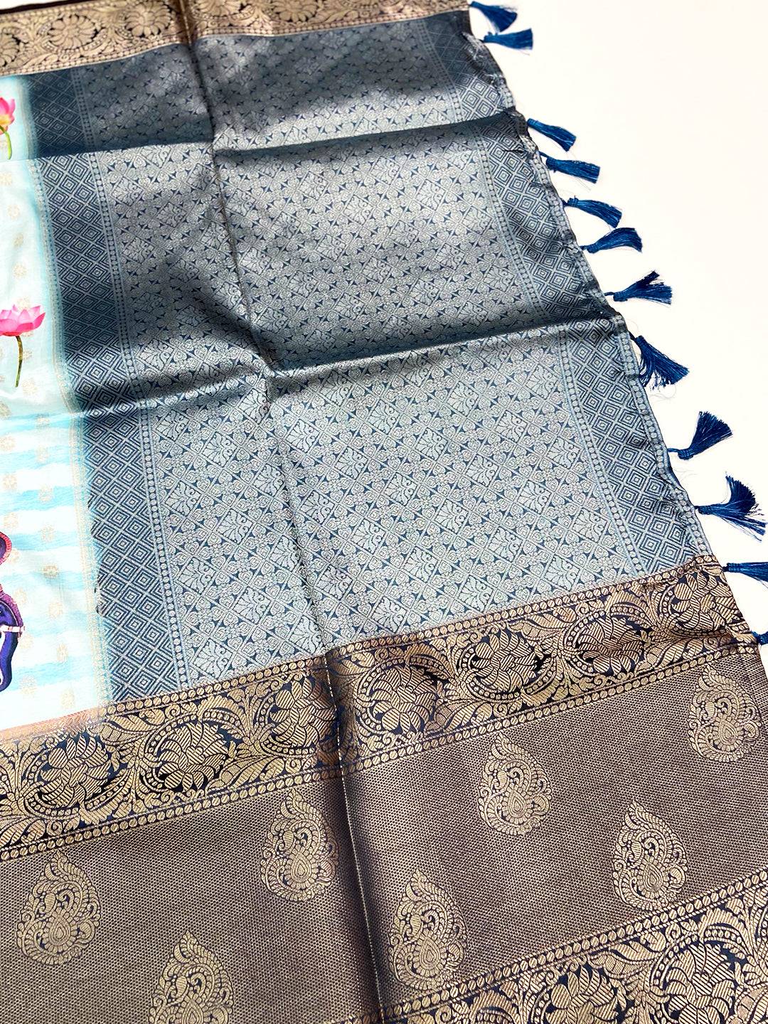 Sky Blue Digital Elephant Motifs Banarasi Saree