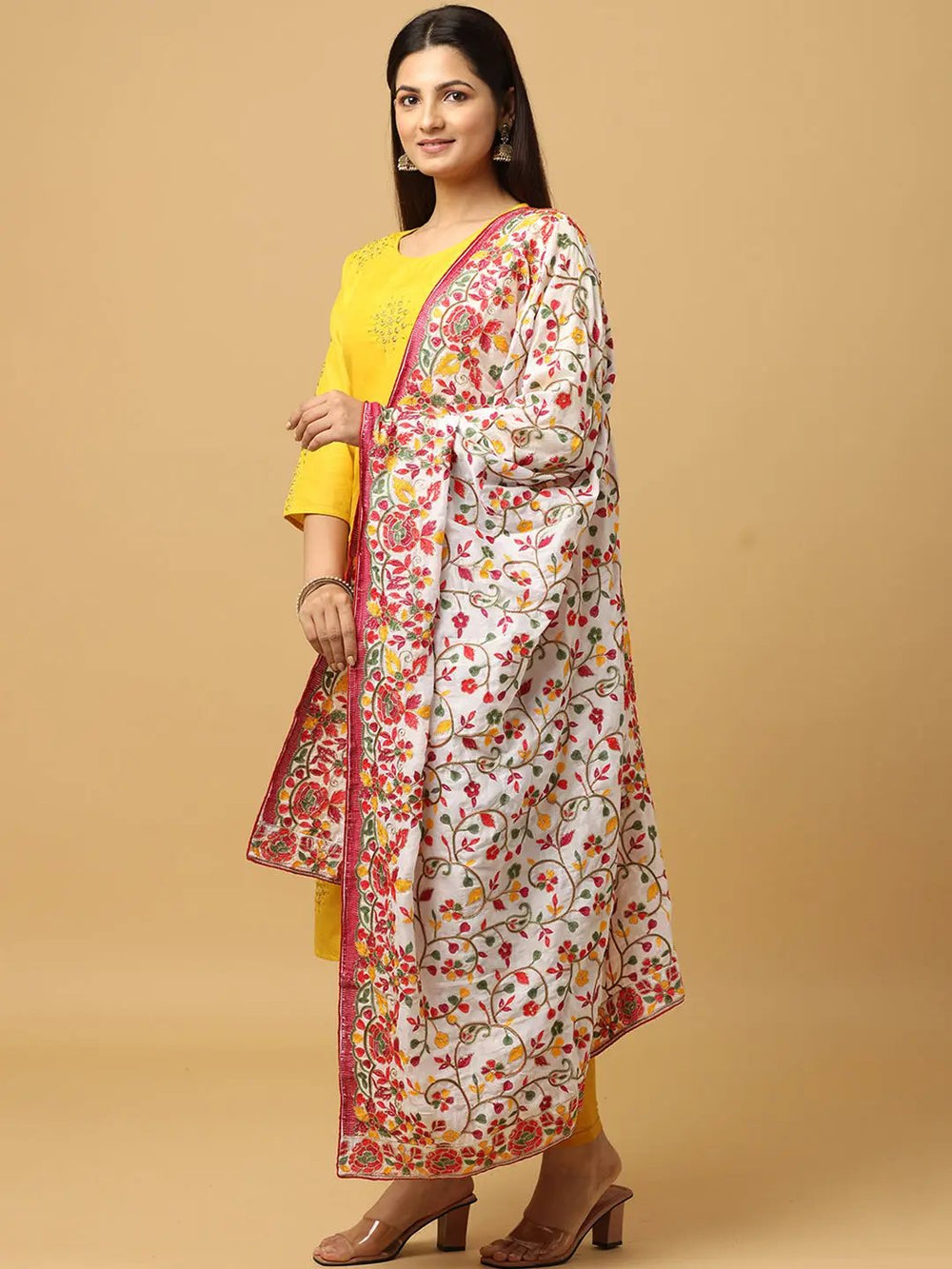 Side view of White Poly Chiffon Pashmina Dupatta with floral design