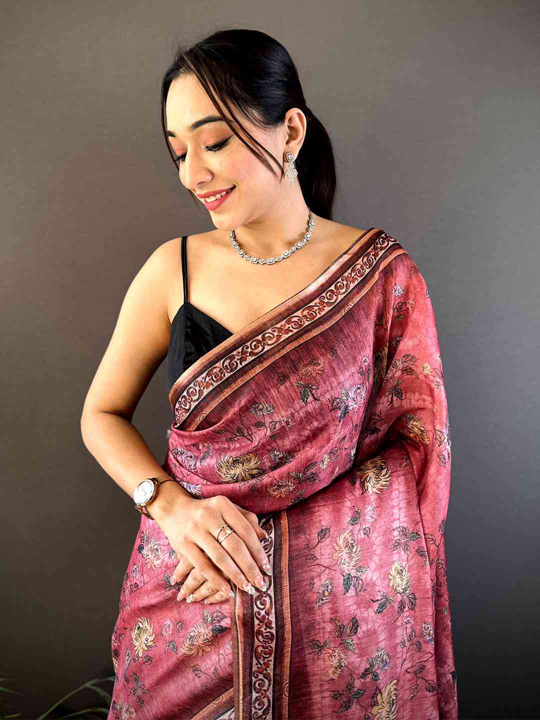 Rose Pink Gold Zari Chanderi Phulkari Saree