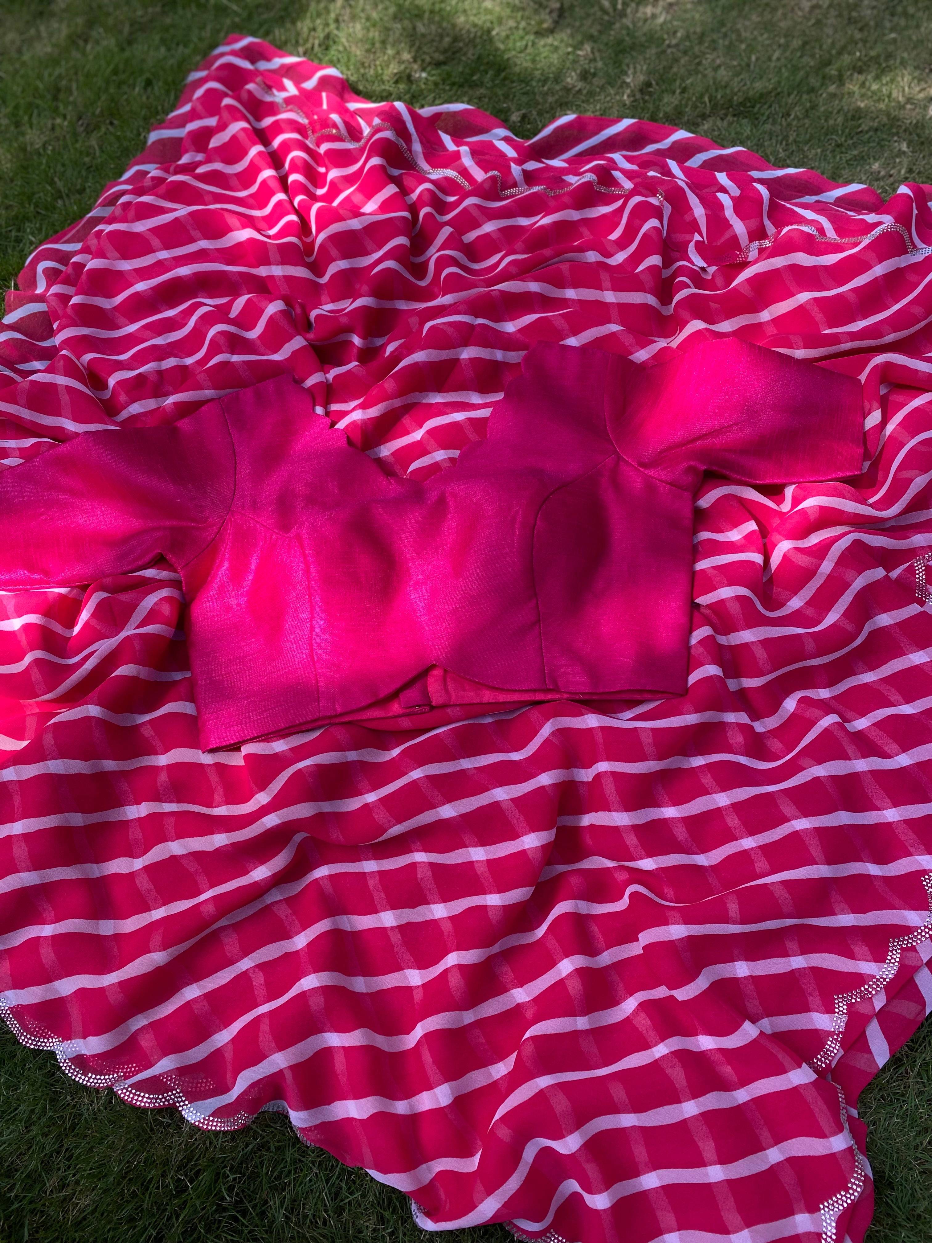 Georgette Leheriya Print Swaroski Cut Work Border Saree