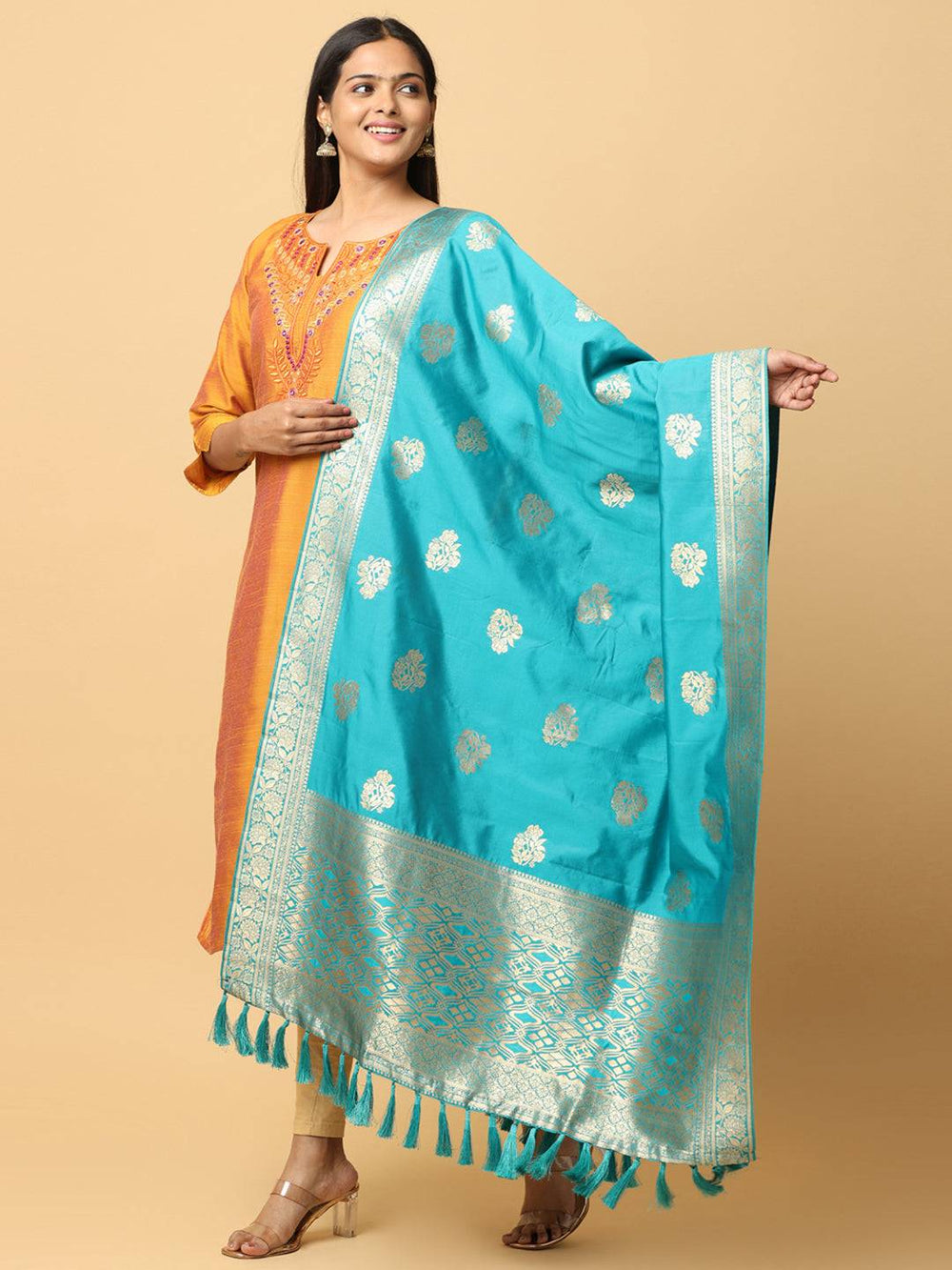 Rama silk blend dupatta with detailed woven design