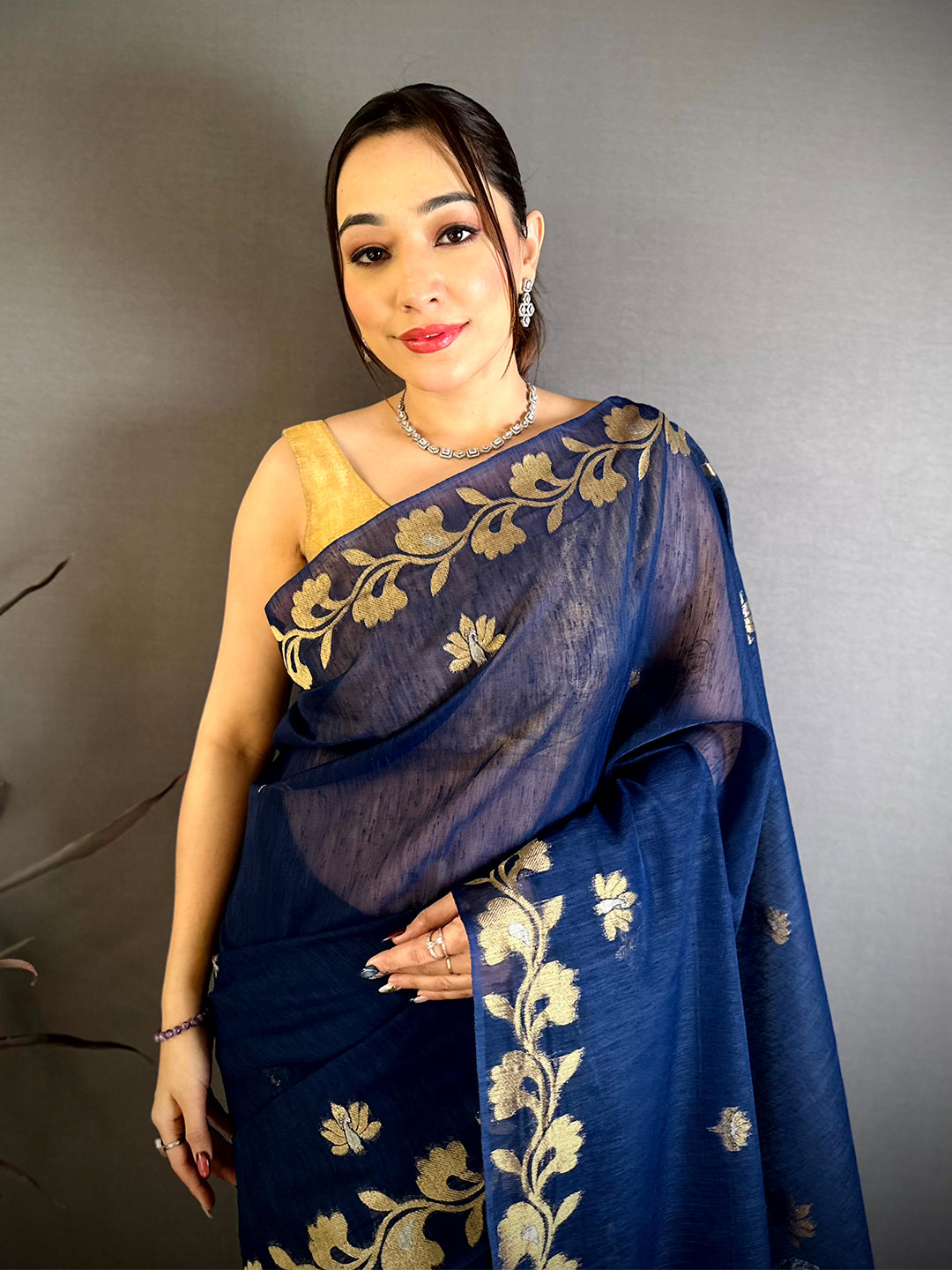 Navy Peacock Zari Munga Saree