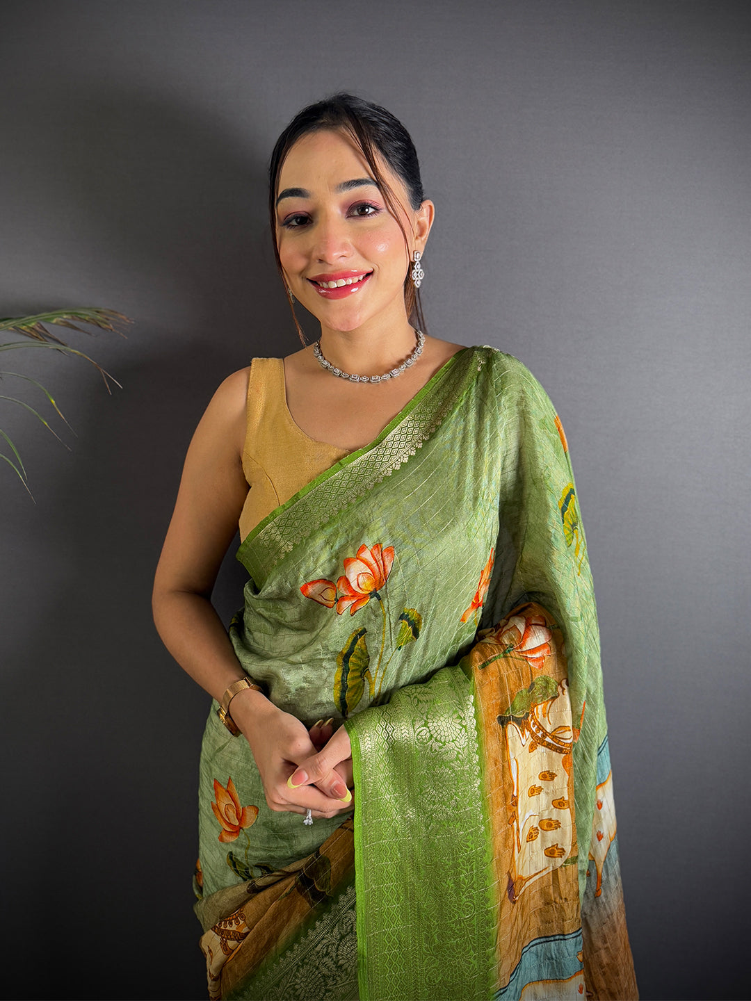 Parrot Green Viscose Pichwai Print Saree