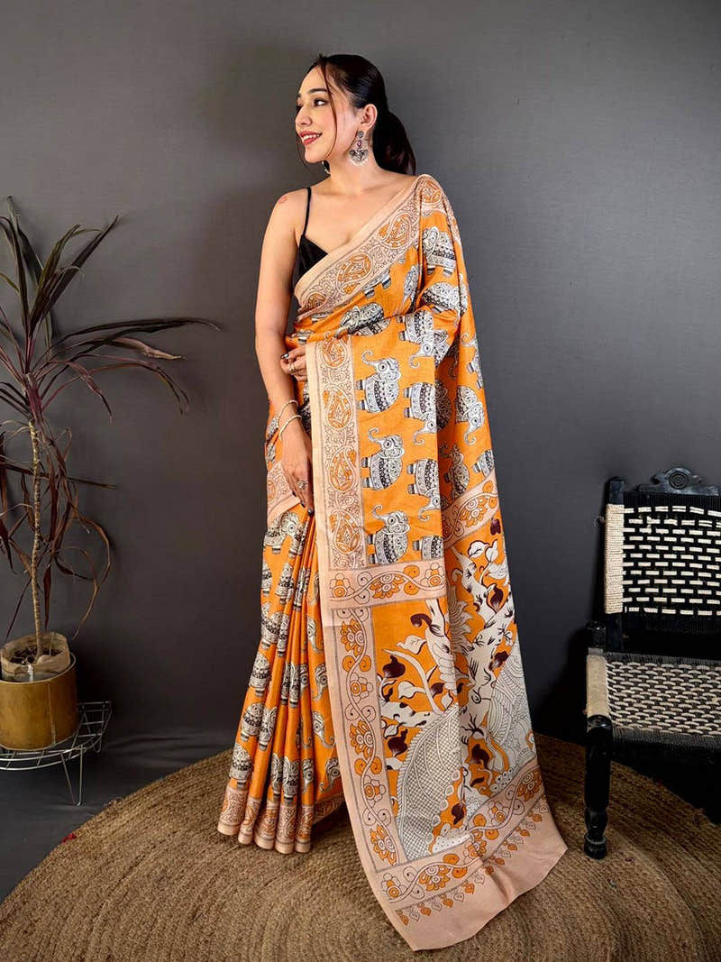 Artistic Ajrakh Style Tussar Kalamkari Saree