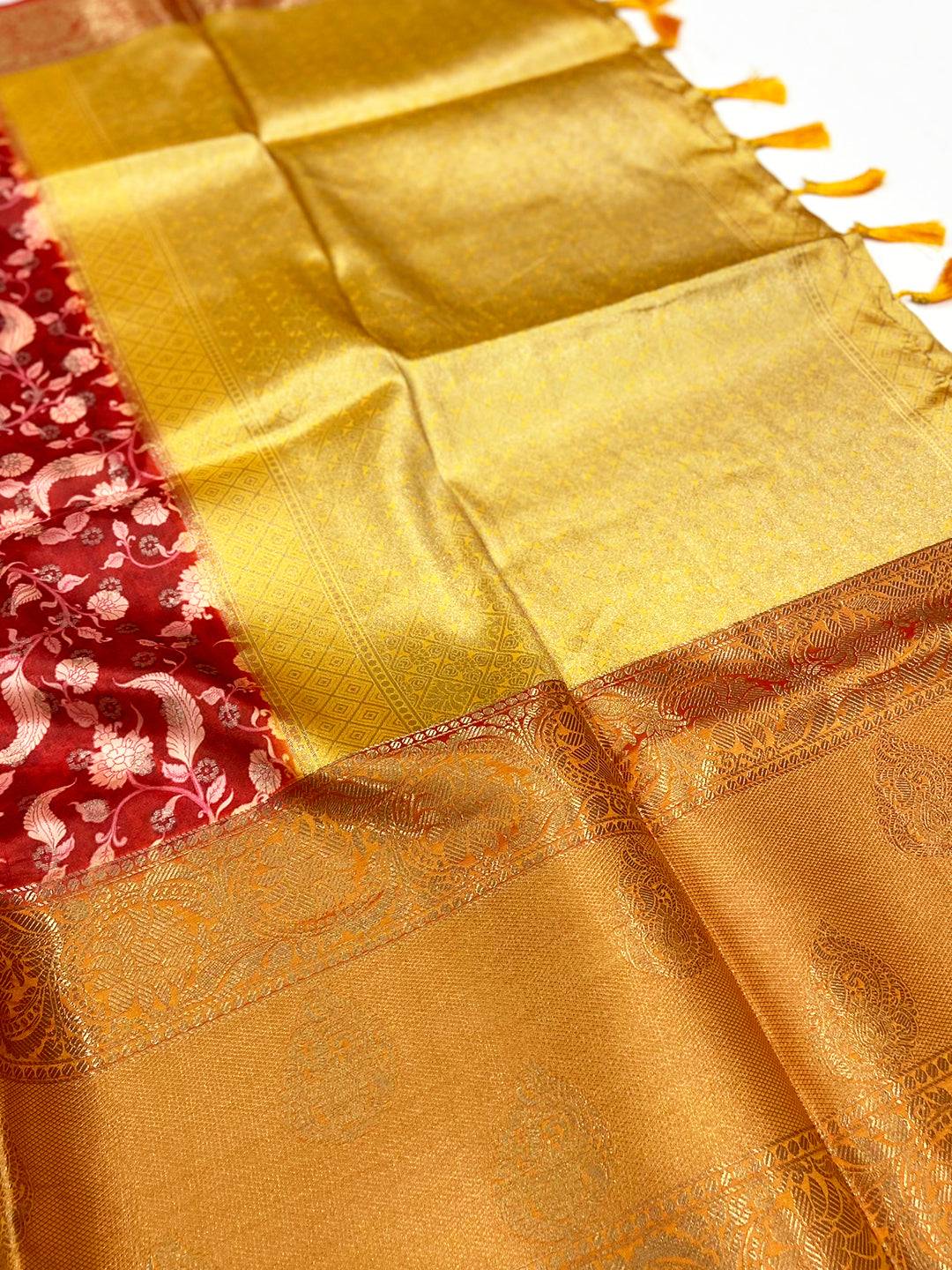 Red Floral Printed Banarasi Silk Saree