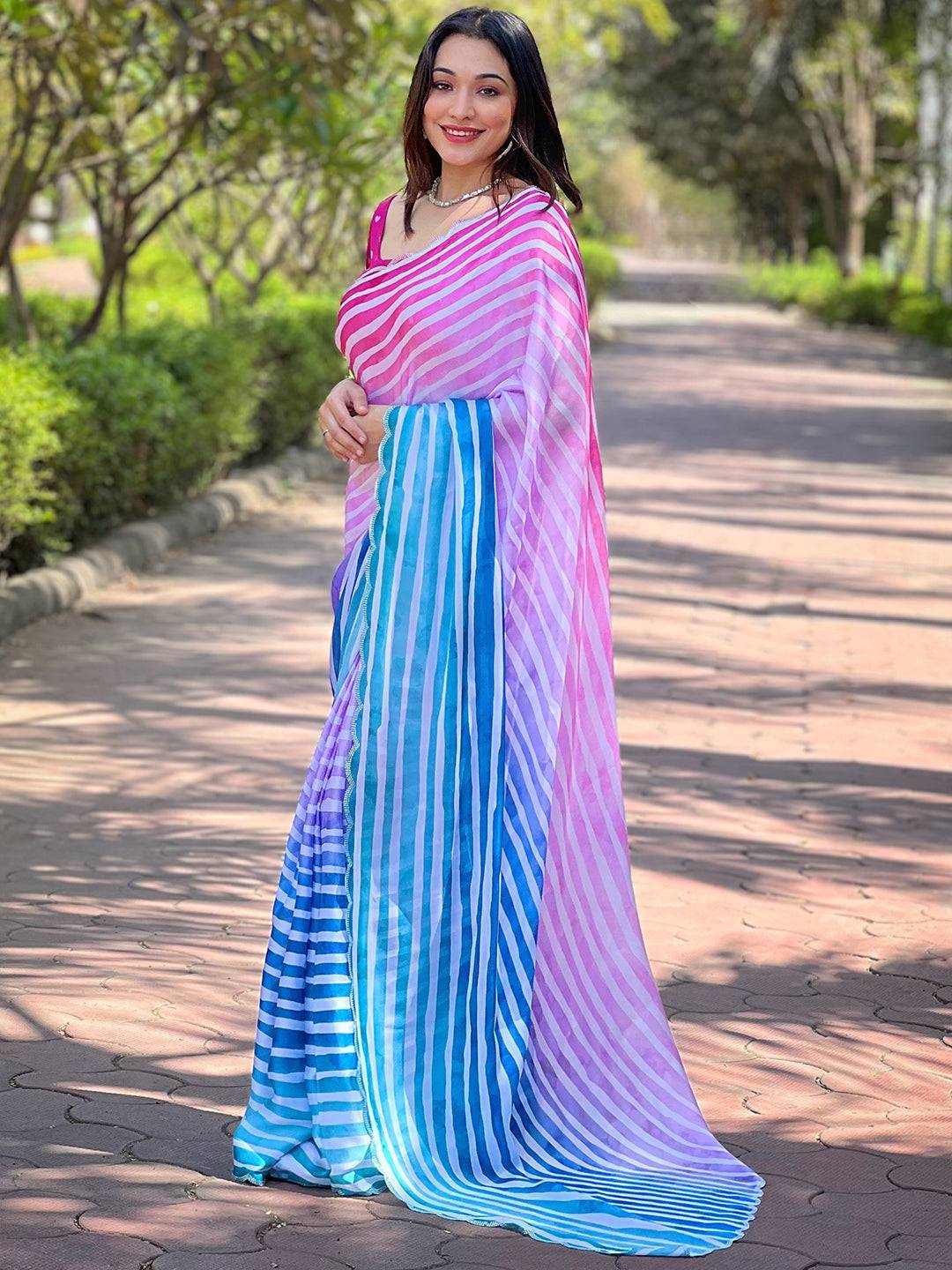 Chic Leheriya Saree featuring bold pink and blue stripes
