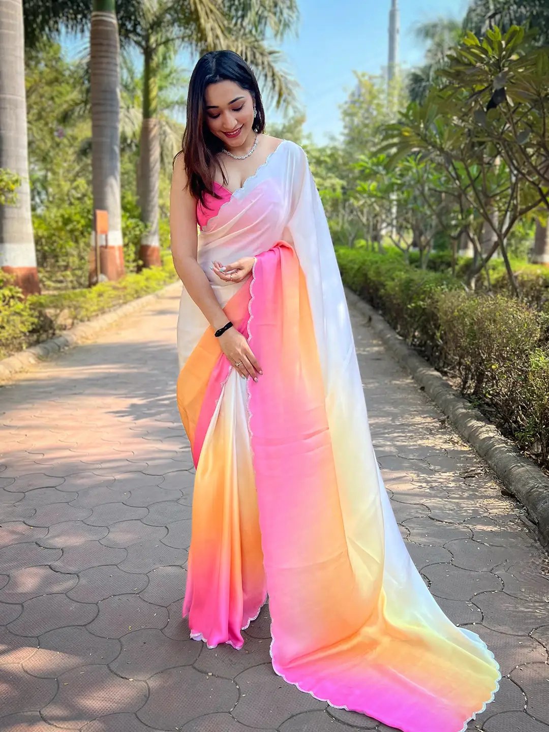  Latest Pink Colour Satin Georgette Saree with Ombre Print