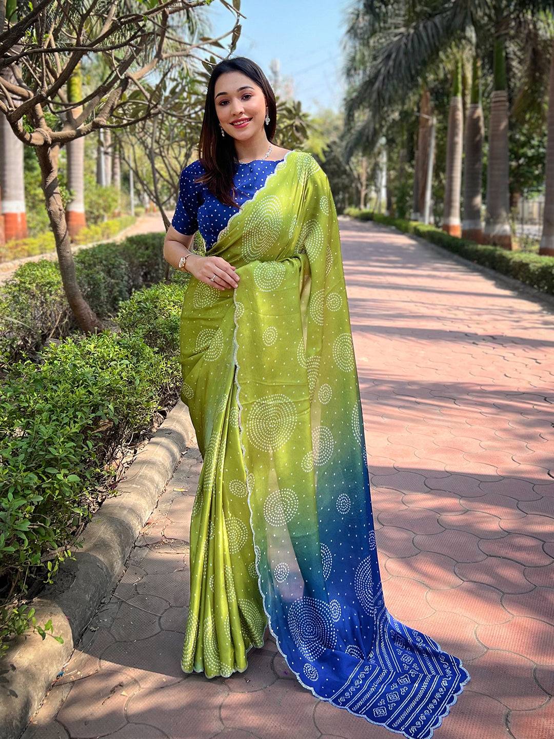 Georgette Silk Saree with Ombre Bandhej Print & Stone Work