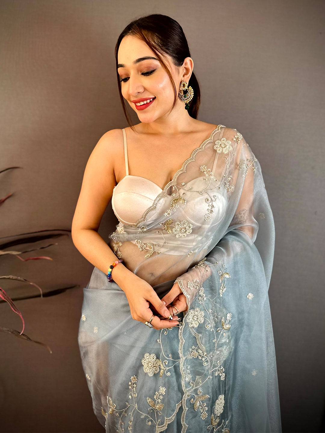 Sky Pearl Work Glass Organza Saree