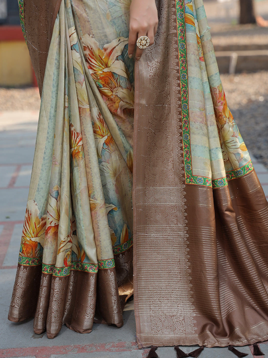 Multi Colour Phulkari Design Zari Weaving Pallu Saree