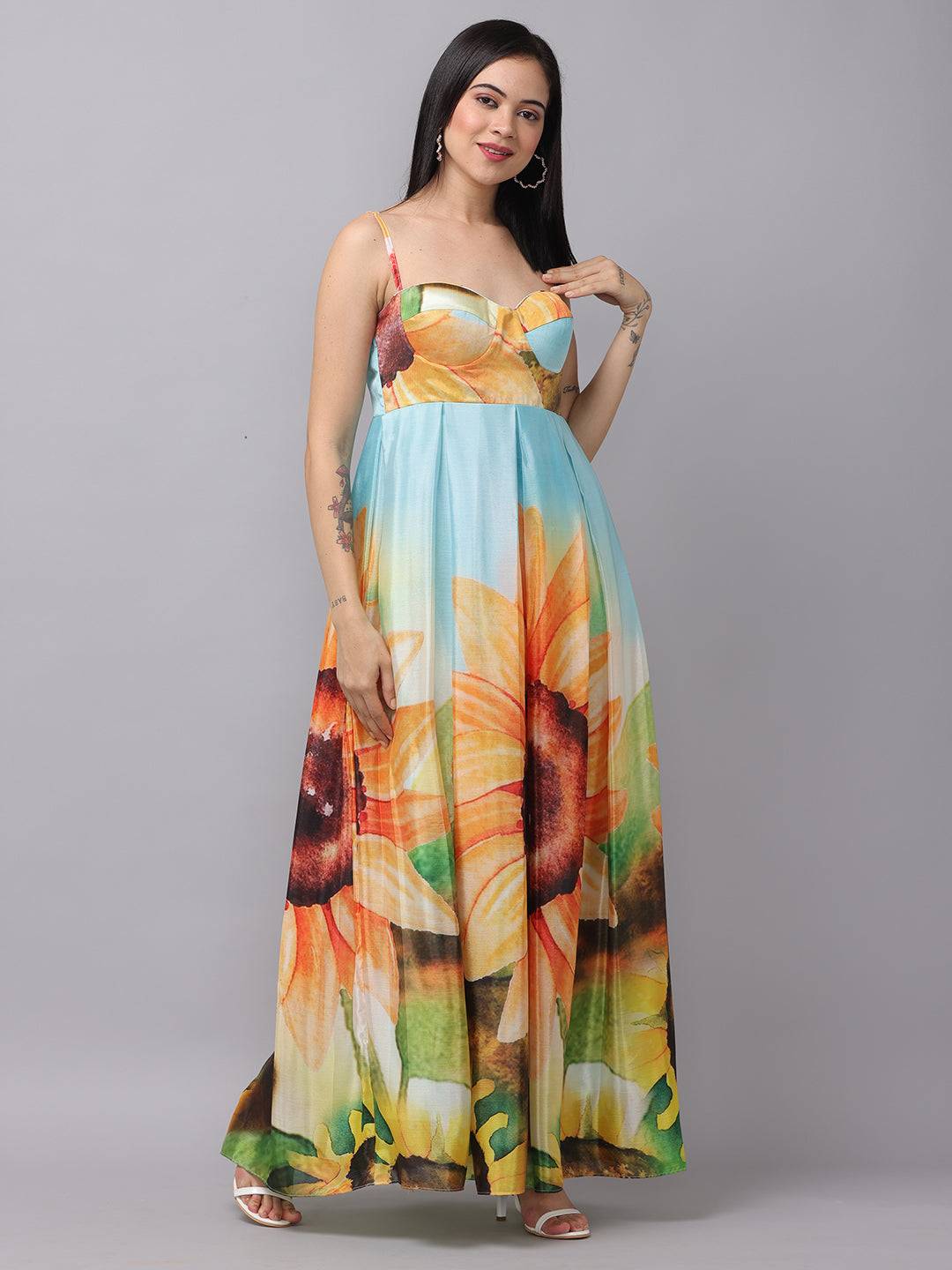 Front view of multi-color floral print long dress