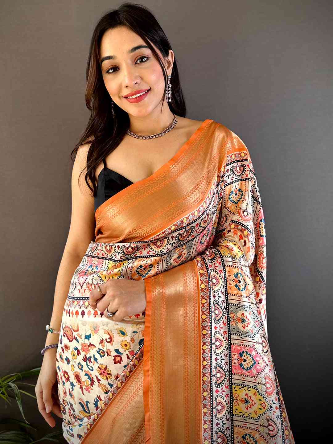 Light Orange Mughal Kalamkari Print Pashmina Saree