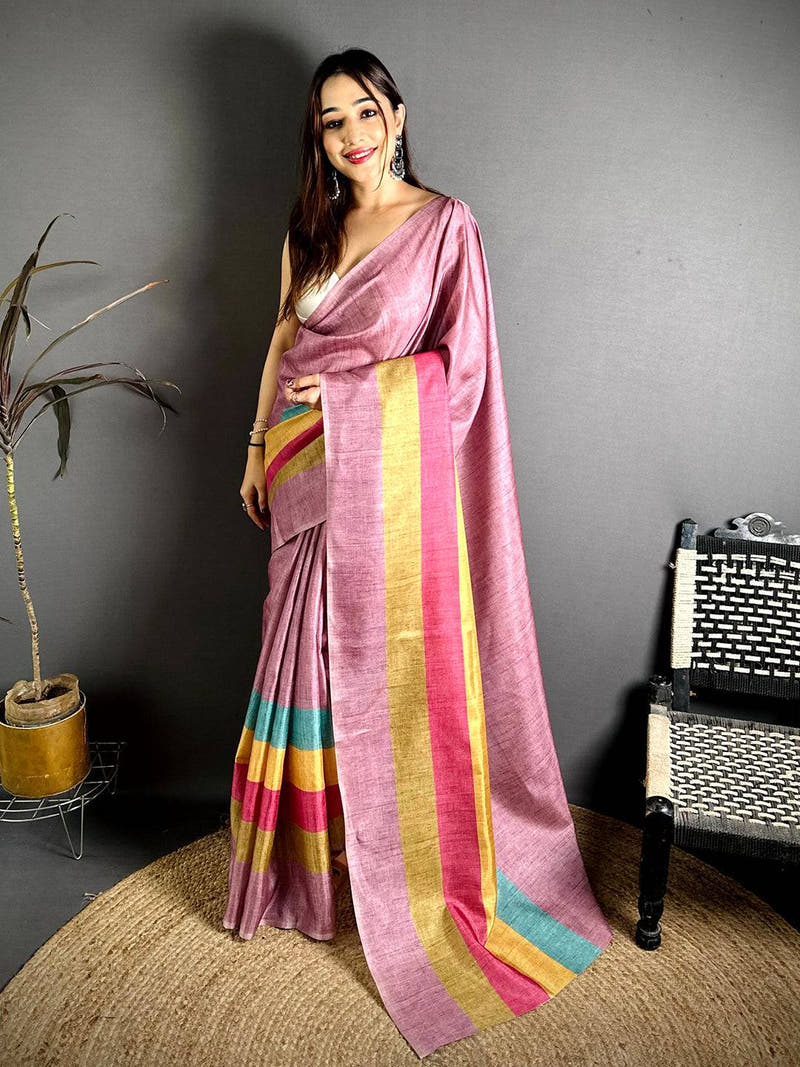 Vibrant Ghicha Stripe Digital Tussar Saree