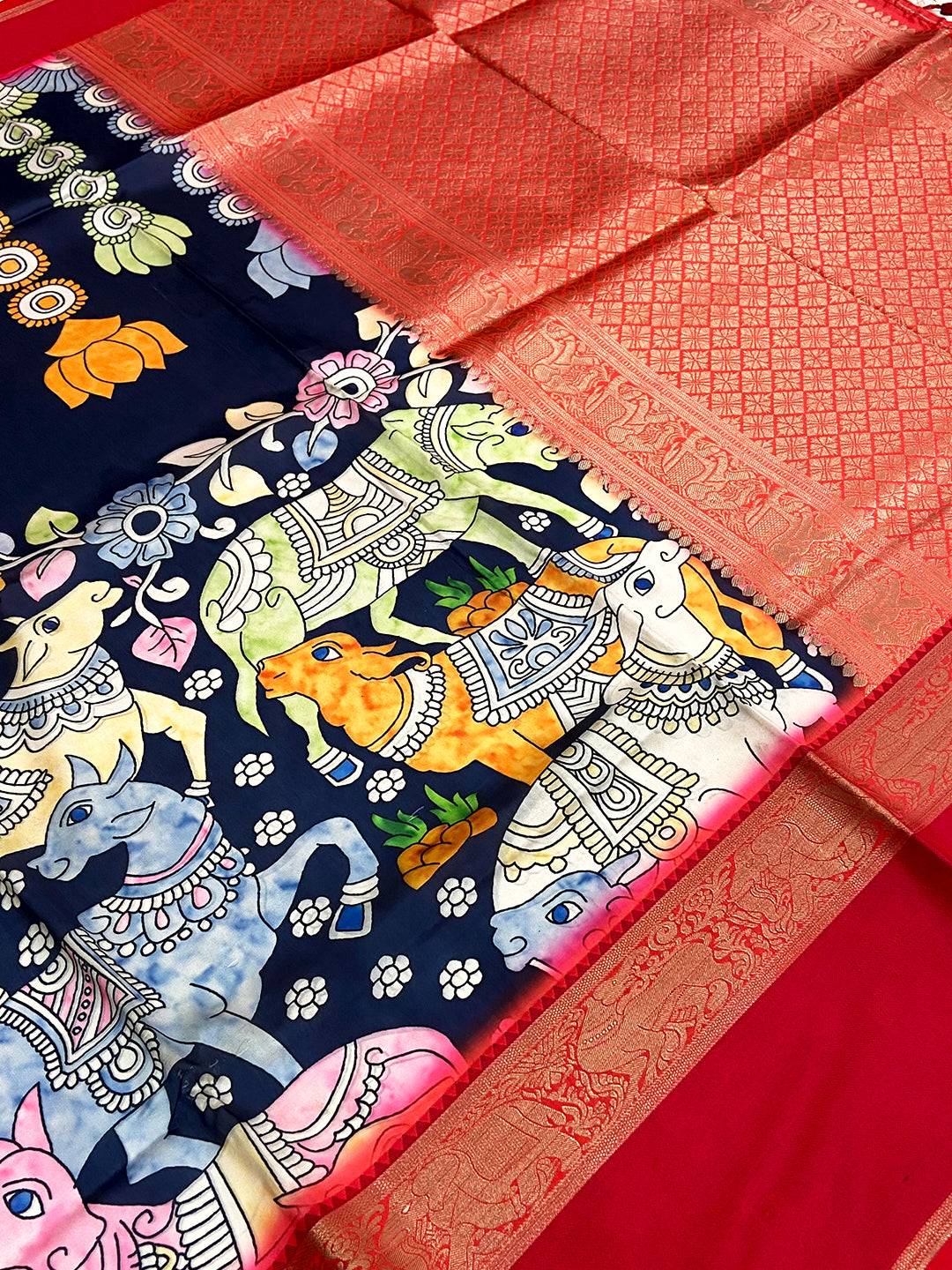 Regal Olive Banarasi Kalamkari Silk Saree