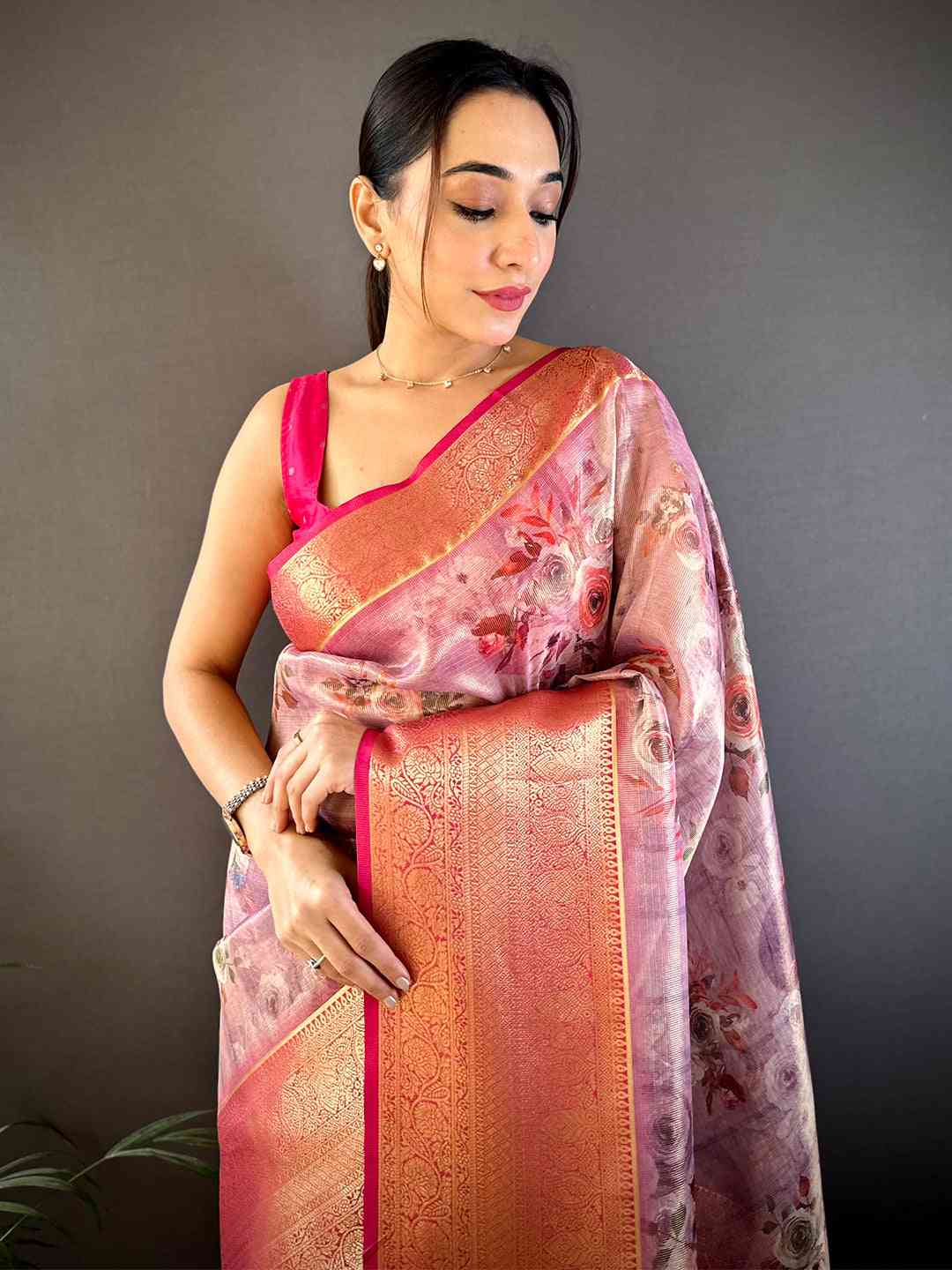 Purple Floral Gold Zari Tissue Saree