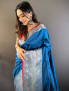 Teal Soft Silk Saree with Zari Kanchi Border and Woven Motifs