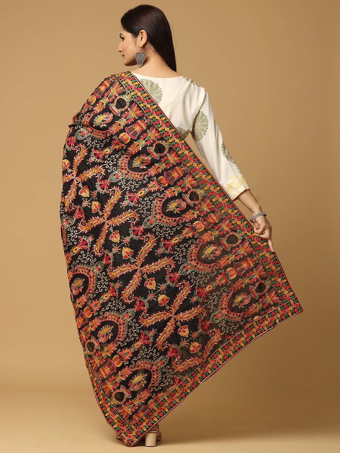 Back view of black chiffon dupatta with intricate embroidery