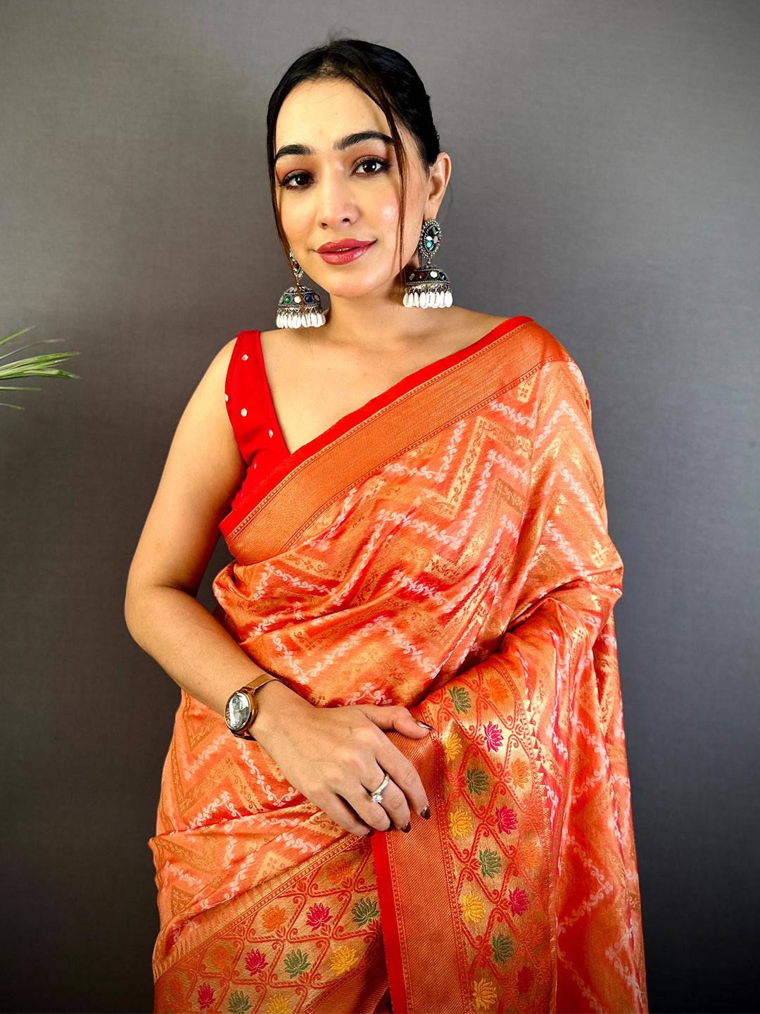 Peach Banarasi Zic Zac Katan Silk Saree