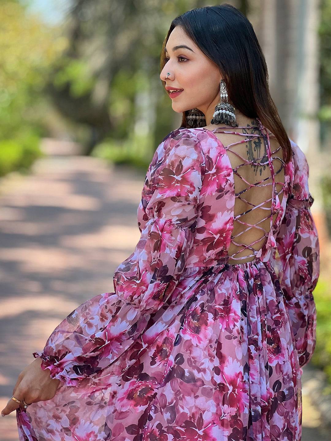 Back view of Wine Floral Bundl Print Dress with lace detail