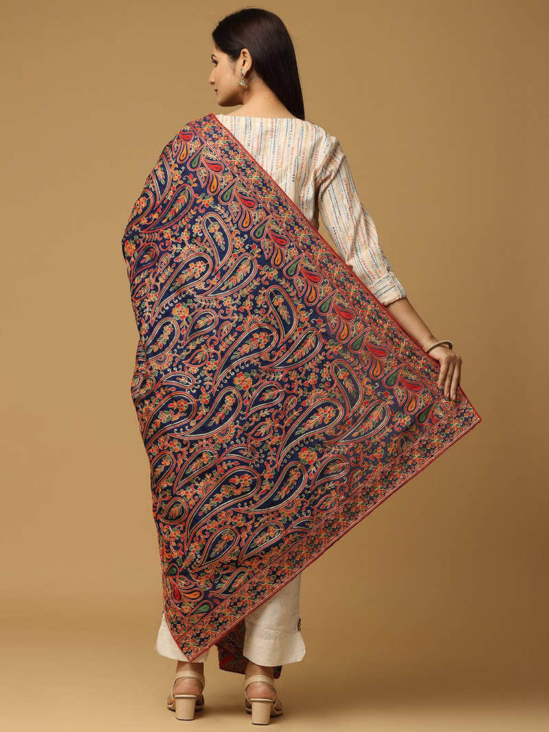Navy Fine Paisley Jaal Pashmina Dupatta