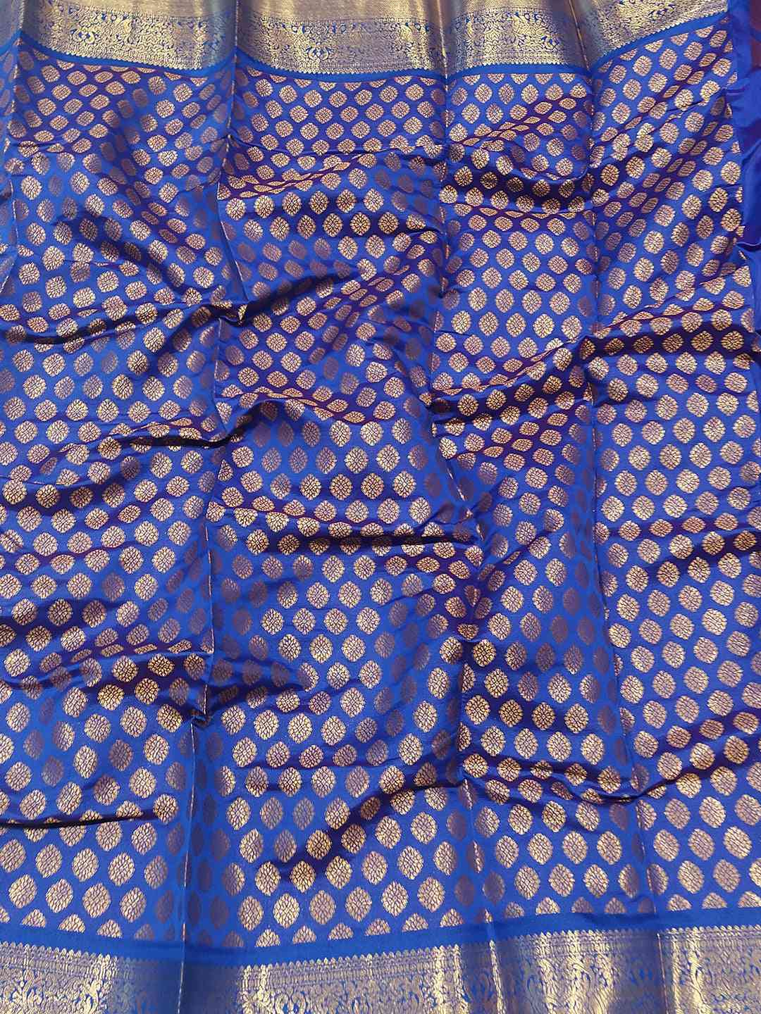 Blue Kanjivaram saree fabric with gold polka dot zari