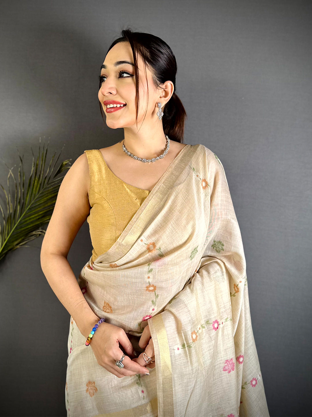 Jharokha Jamdani Cotton Linen Saree