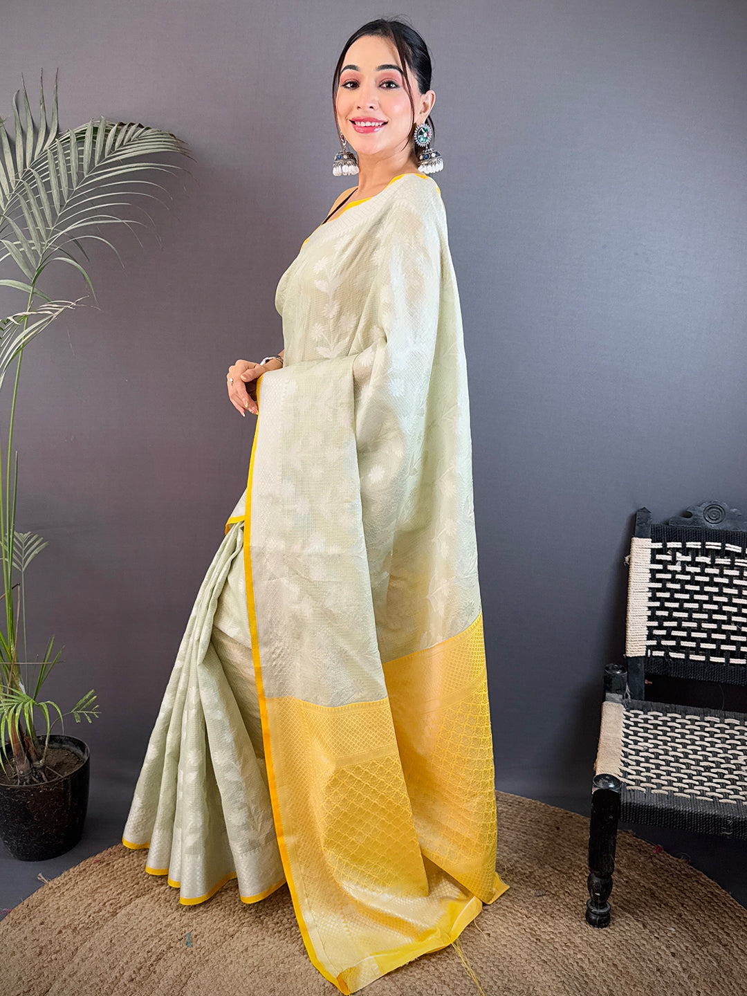 Pastel Sage Green Kota Kora Meenakari Saree