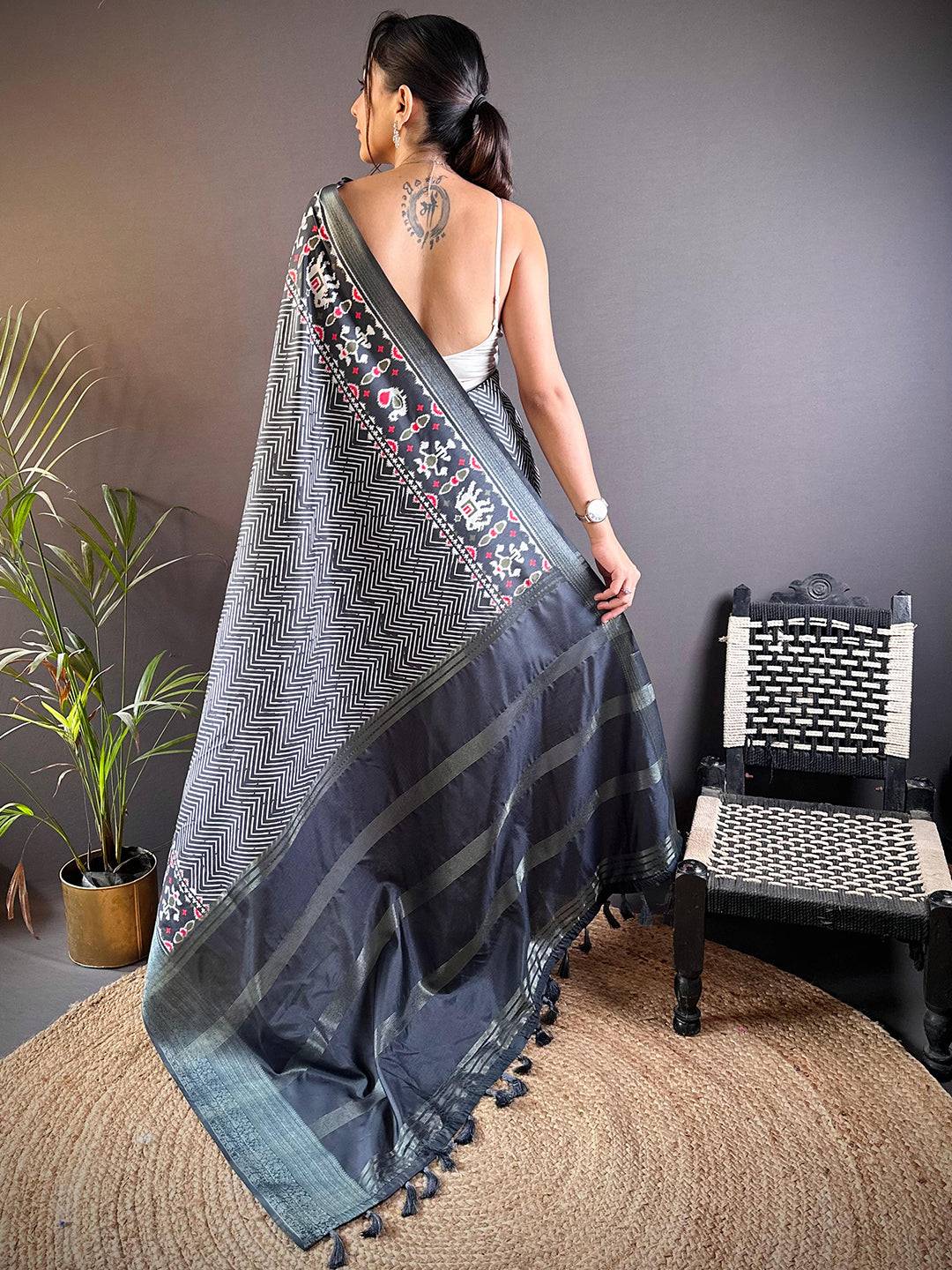 Grey Zig Zag Kalamkari Kanchi Silk Saree