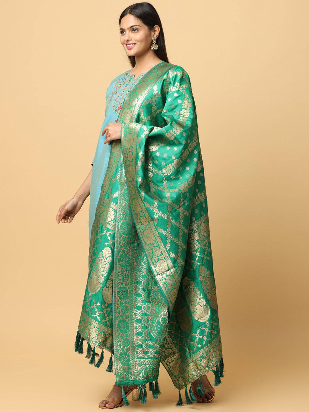 Flowing green silk blend dupatta with gold woven accents