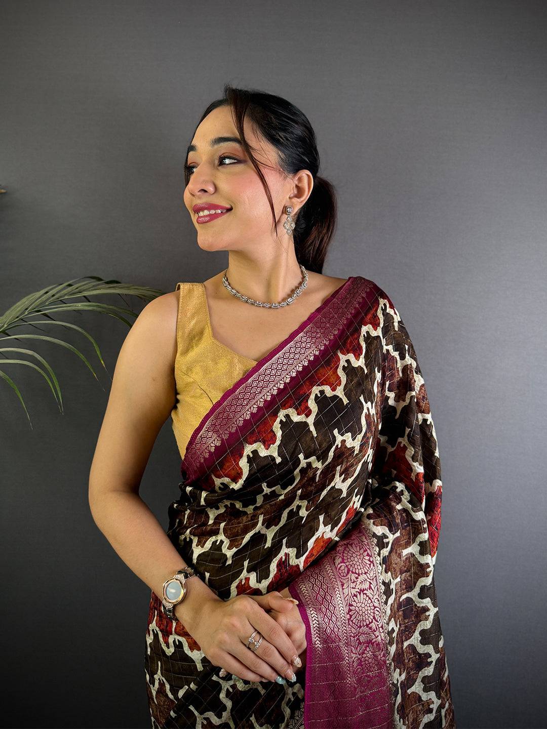 Chocolate Brown Ajrak Print Viscose Saree
