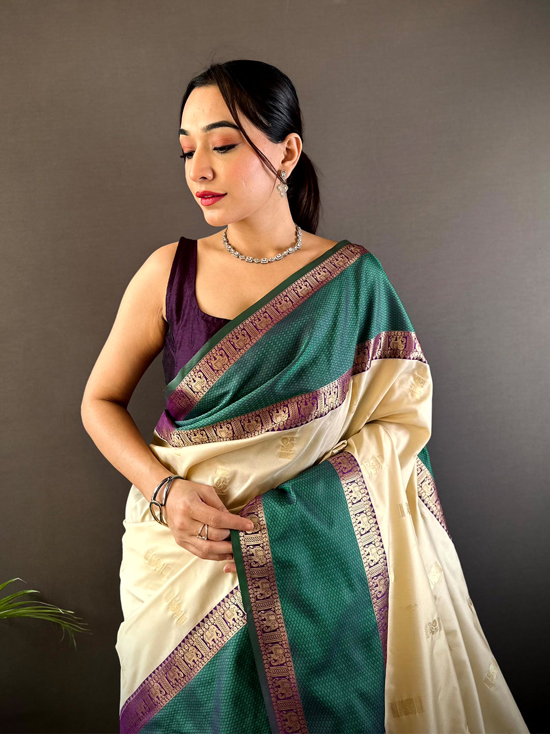 Graceful Cream Gadhwal Soft Silk Saree