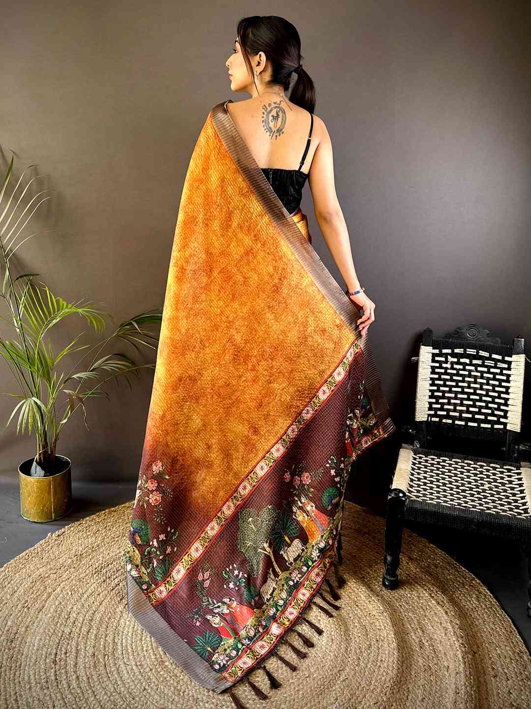 Mustard Kalamkari Pichwai Black Check Saree