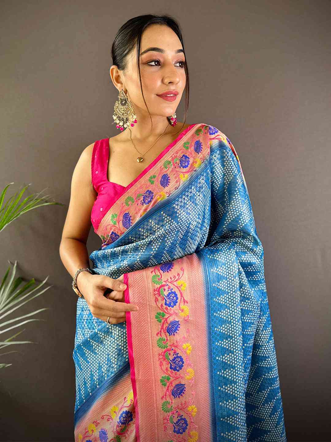 Kora Silk Banarasi Digital Print Saree In Blue Colour