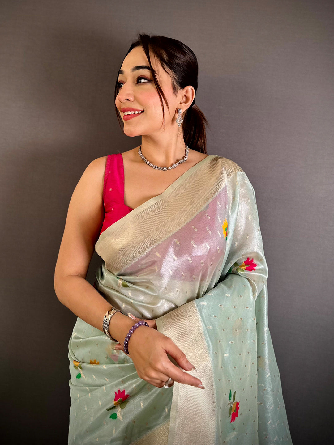Mint Green Soft Organza Paithani Saree