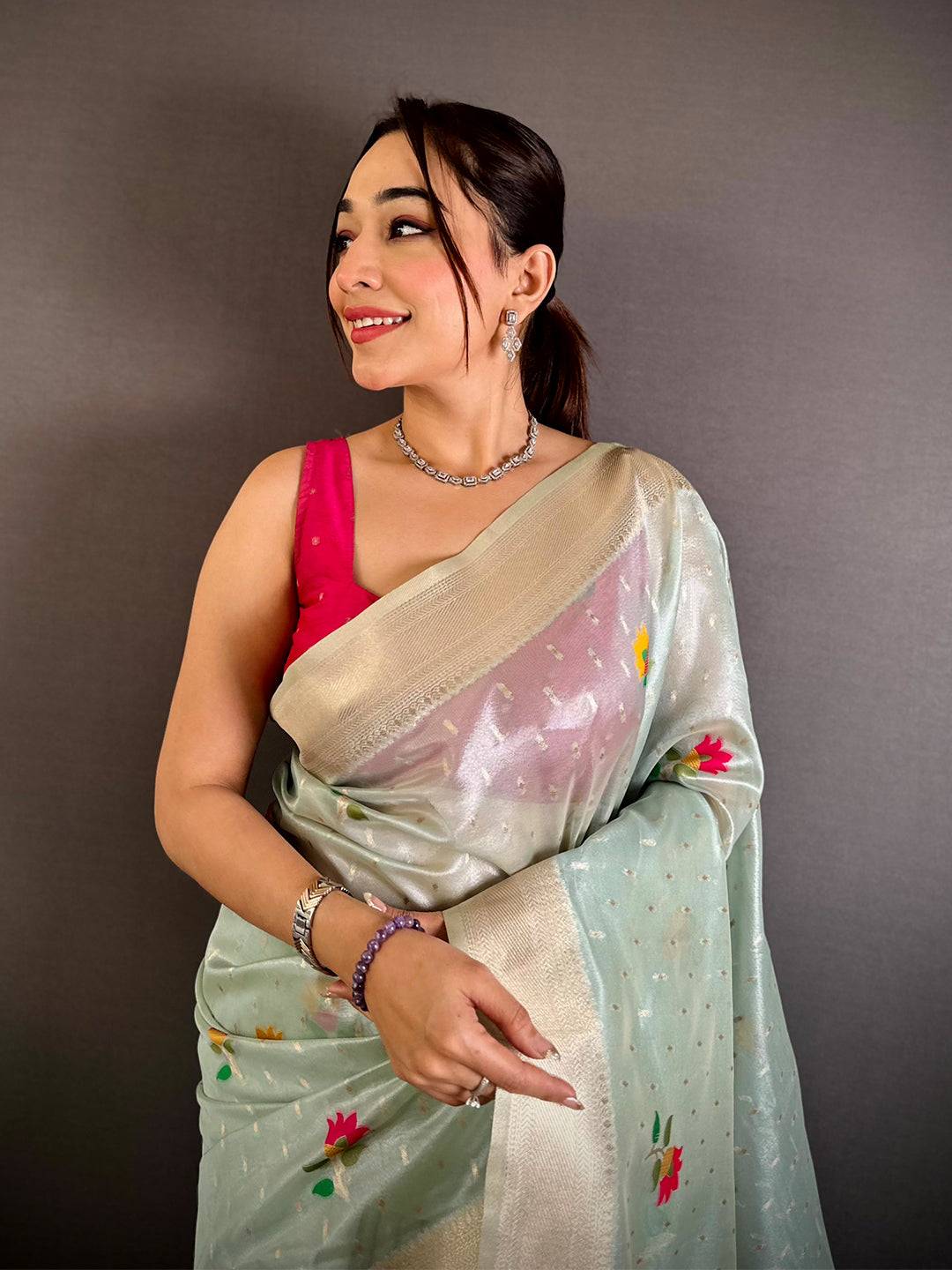 Mint Green Soft Organza Paithani Saree