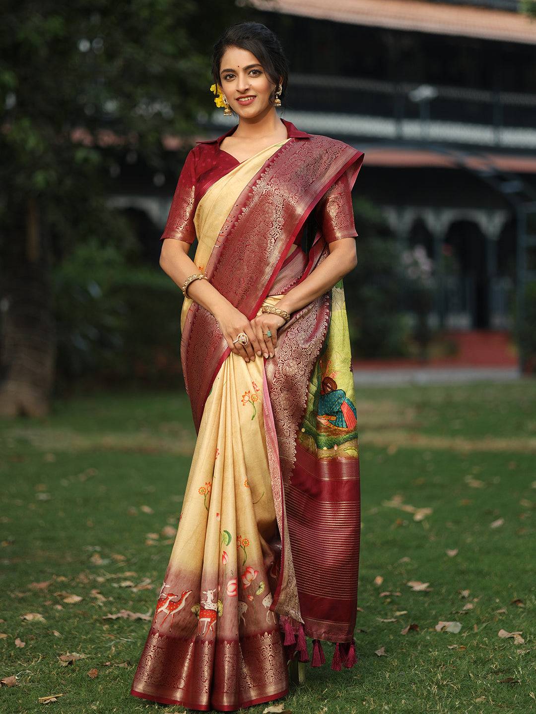 Pichwai Print Zari Weaving Pallu Saree In Yellow Colour