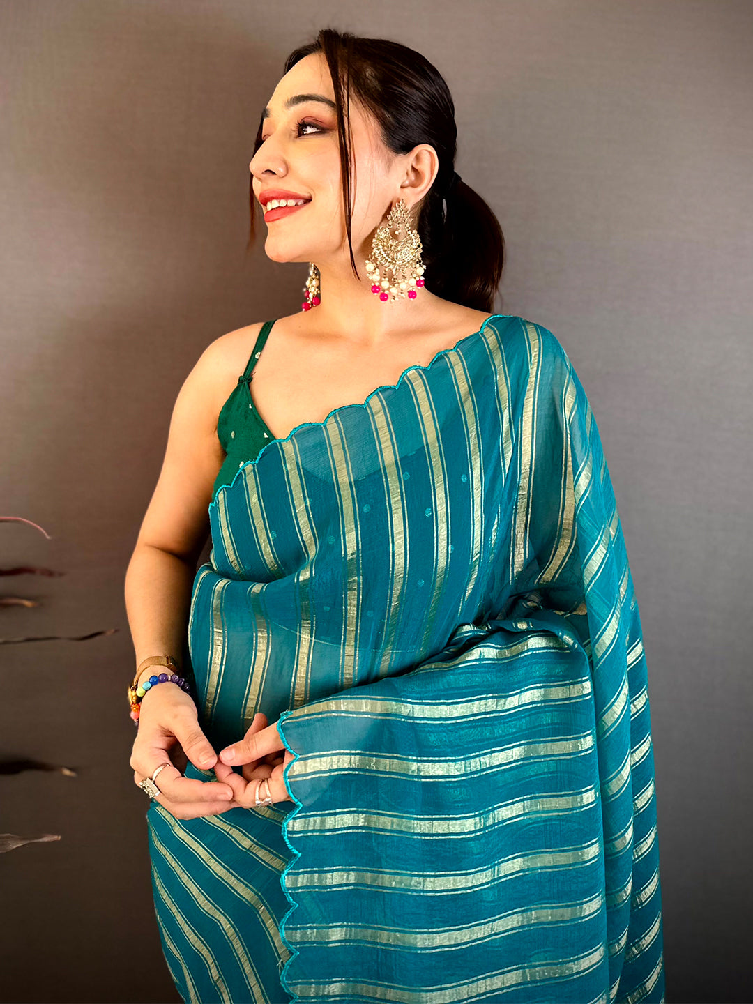 Rama Gold Zari Stripe Chiffon Saree