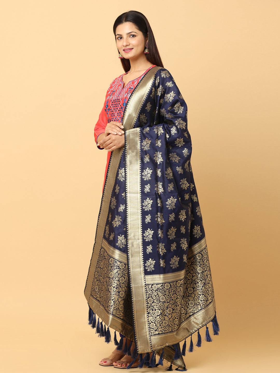 Elegant navy silk blend dupatta with woven design