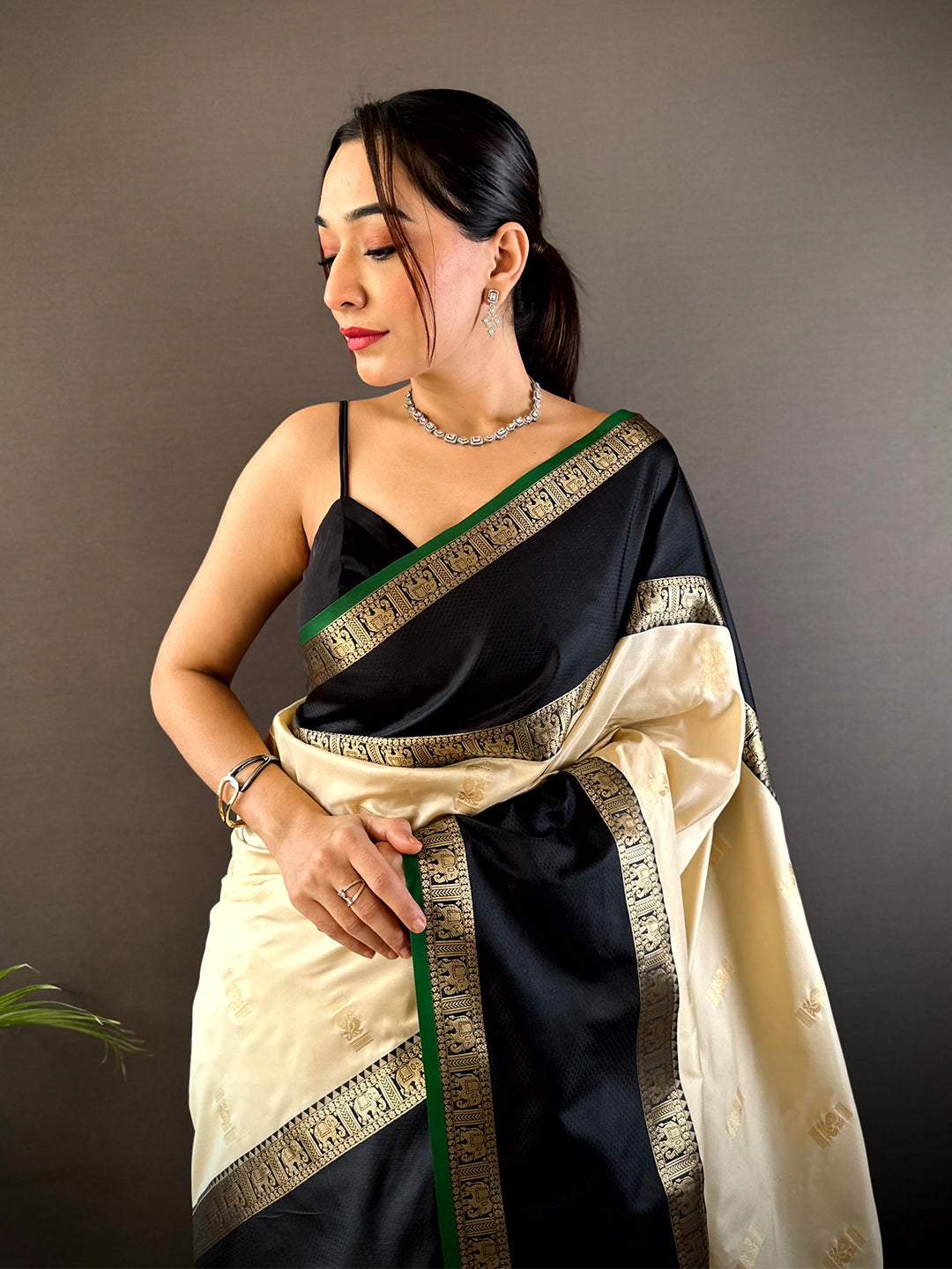 Cream Gadhwal Pure Soft Silk Saree