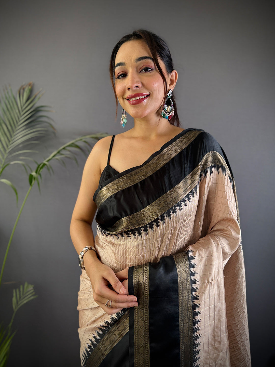 Beige Zari Checked Satin Rettapet Saree