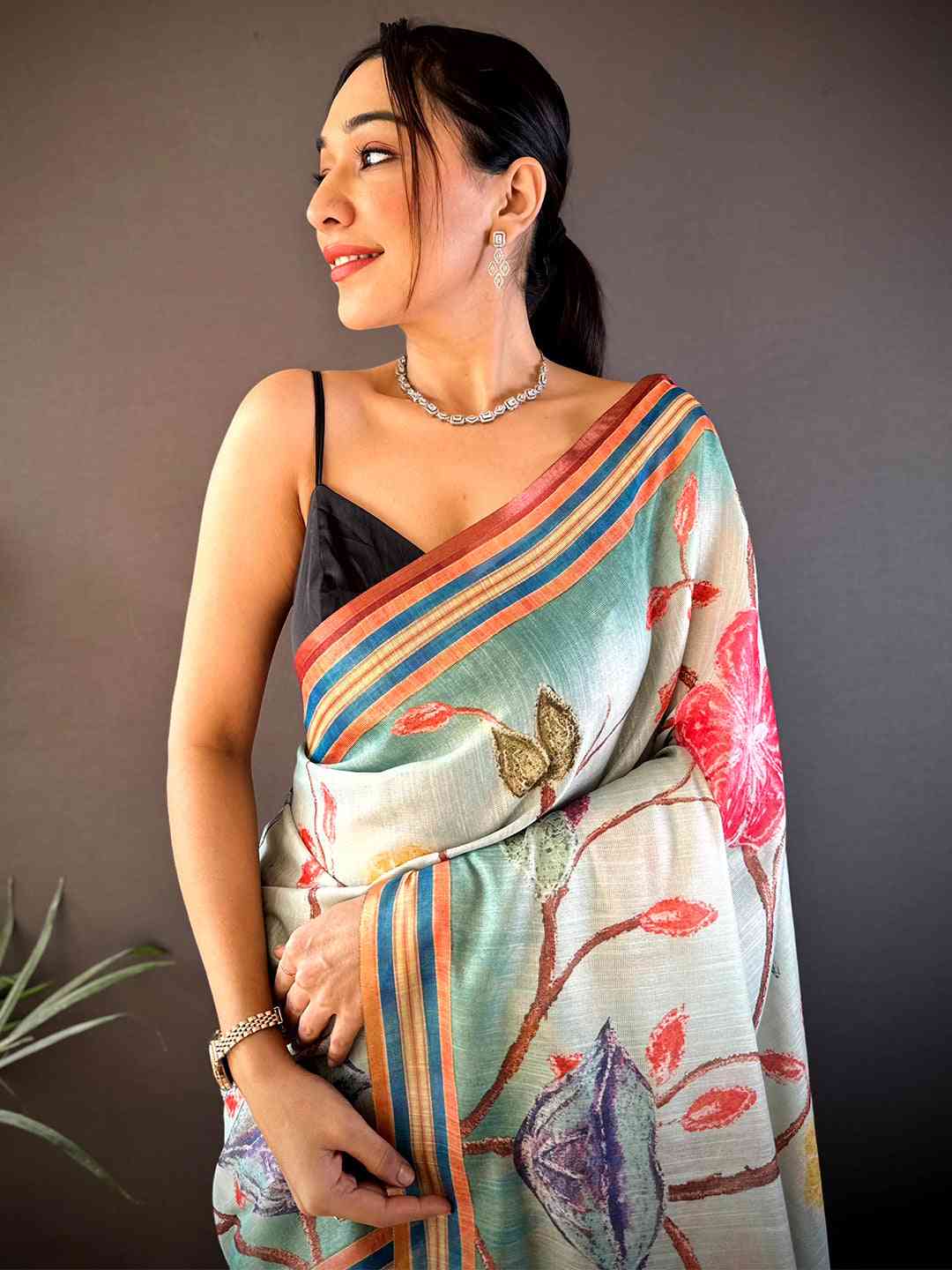 Floral Breeze Blue Chanderi Saree