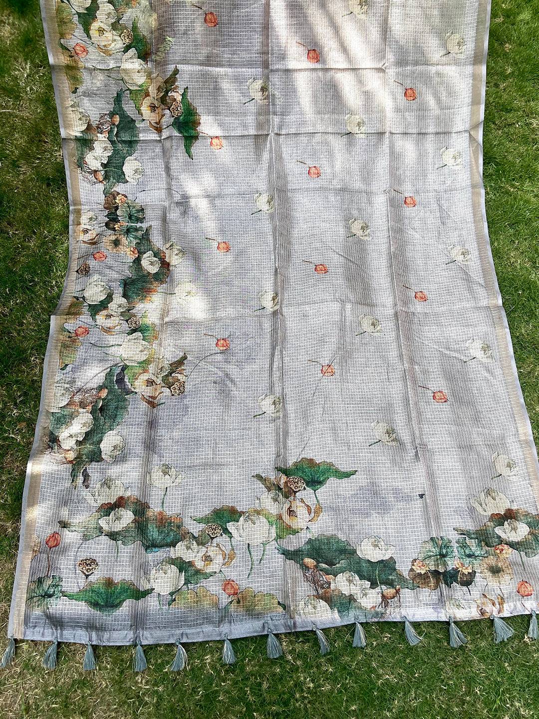 Bollywood Grey Soft Kota Doriya Silk Saree With Flower Print